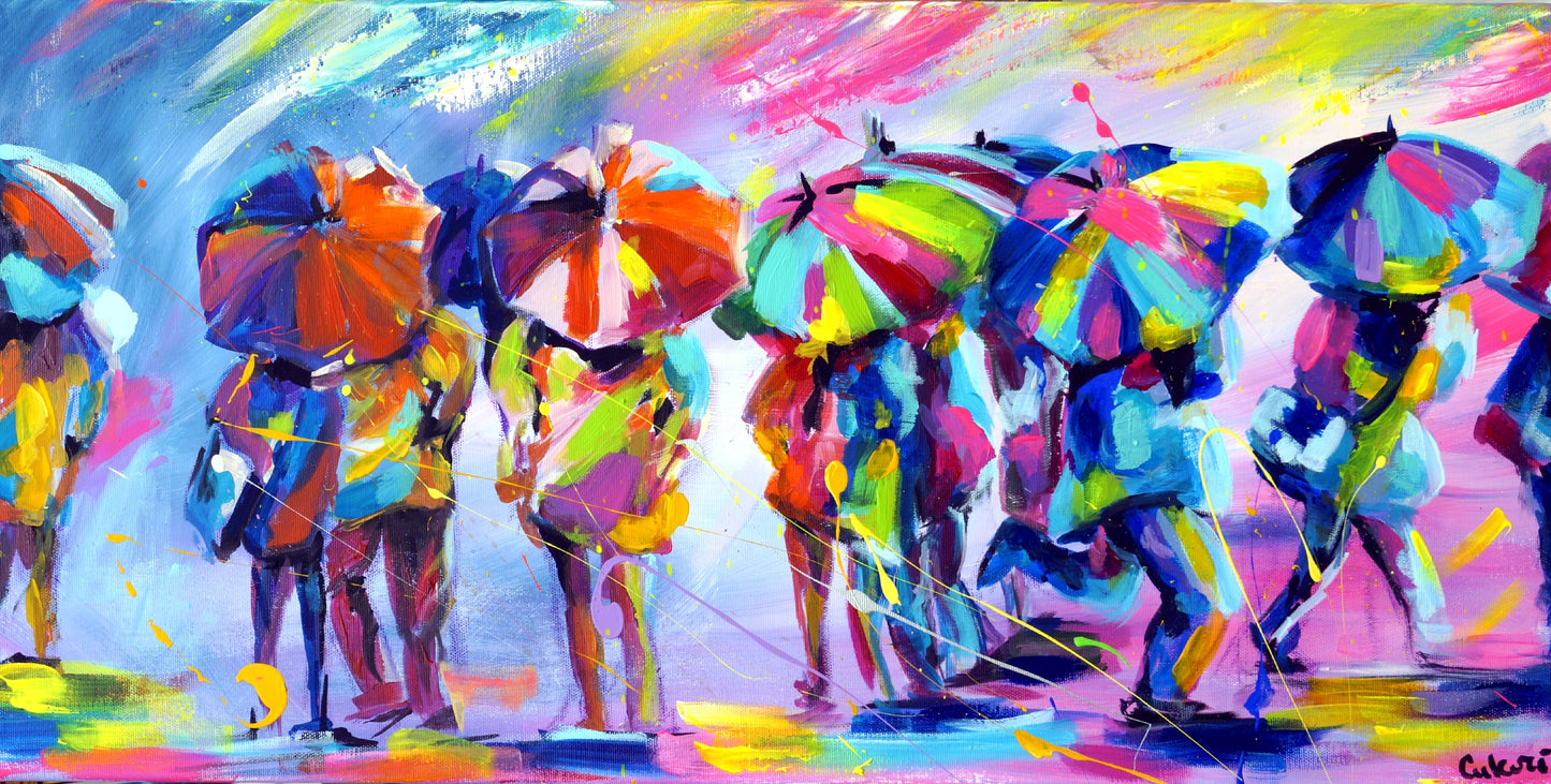 Modern mural - People in the rain. Colorful umbrellas - Limited edition