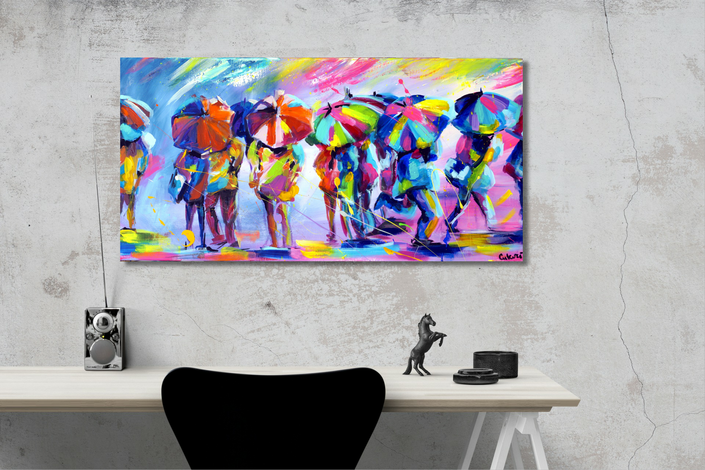 Modern mural - People in the rain. Colorful umbrellas - Limited edition