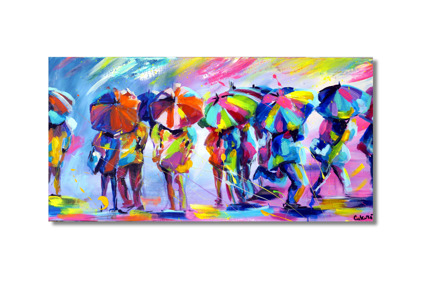 Modern mural - People in the rain. Colorful umbrellas - Limited edition